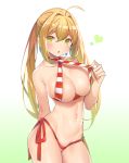  1girl ahoge arm_behind_back bikini bikini_pull blonde_hair blush breasts criss-cross_halter fate/grand_order fate_(series) green_eyes hair_intakes halterneck heart large_breasts long_hair looking_at_viewer navel nero_claudius_(swimsuit_caster)_(fate) open_mouth pop_kyun saber_extra side-tie_bikini simple_background solo striped striped_bikini swimsuit twintails white_background 