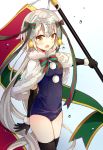  1girl bell black_gloves black_legwear blush bow capelet cowboy_shot elbow_gloves fate/grand_order fate_(series) flag fur_trim gloves headpiece holding_flag jeanne_alter jeanne_alter_(santa_lily)_(fate) long_hair multicolored_bow open_mouth pom_pom_(clothes) ruler_(fate/apocrypha) school_swimsuit solo swimsuit thigh-highs very_long_hair water_drop white_hair yellow_eyes yimu 
