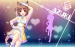  1girl :d animal_ears arm_up armpits artist_name azuki_(sayori) brown_eyes brown_hair cat_ears cat_tail character_name eyebrows_visible_through_hair fang gloves hand_on_hip heart highres layered_skirt looking_at_viewer midriff navel nekopara official_art open_mouth plaid sayori shirt short_hair silhouette sleeveless sleeveless_shirt smile solo sparkle striped_tail tail two_side_up wallpaper white_gloves 