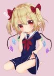  1girl ? barefoot blonde_hair blue_dress blush bow bow_panties child commentary_request crystal dress dress_lift eyebrows_visible_through_hair finger_to_mouth flandre_scarlet full_body hair_between_eyes hair_bow head_tilt looking_at_viewer panties pink_background pink_panties pointy_ears red_ascot red_bow red_eyes reo_(re2kn) sailor_dress short_sleeves simple_background sitting solo touhou two_side_up underwear wings younger 