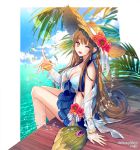  1girl blue_bow blue_ribbon blush bow breasts brown_hair cleavage eyebrows_visible_through_hair flower gem green_eyes hat hat_bow hat_flower hat_ribbon interitio large_breasts long_hair looking_at_viewer ocean one_eye_closed open_mouth pink_hat ribbon sid_story sitting smile solo straw_hat sun_hat sunset 
