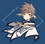  1boy blue_background brown_hair cape character_name closed_mouth earrings feather_earrings green_eyes jewelry looking_at_viewer male_focus messy_hair smile solo sorey_(tales) tales_of_(series) tales_of_zestiria upper_body white_cape yurichi_(artist) 