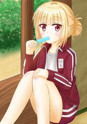  1girl alternate_hairstyle bangs bare_legs blonde_hair blunt_bangs blush bush commentary_request day eating eyebrows_visible_through_hair food gym_shorts hair_bun hair_up hand_on_own_knee holding holding_food iijima_yun indoors jacket knees_together_feet_apart long_sleeves looking_at_viewer matcha_(soratohana128) name_tag new_game! popsicle porch red_eyes red_jacket red_shorts shirt shorts sitting solo tareme track_suit white_shirt 