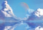  1girl bird blue_sky clouds commentary_request dress highres moon reflection sky solo standing standing_on_liquid water water_surface white_dress white_hair yeyufeng 