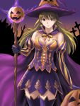  1girl breasts brown_hair cape cleavage cross detached_sleeves elbow_gloves error gloves gradient_sky halloween hat ho_den_keiji holding holding_staff jack-o&#039;-lantern long_hair looking_at_viewer medium_breasts original purple_cape purple_gloves purple_hat purple_legwear purple_skirt skirt smile staff standing striped_sleeves sunset thighs violet_eyes witch witch_hat 