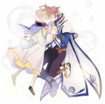  2boys ahoge bag belt black_pants black_shoes blonde_hair blue_shirt boots brown_hair cape closed_eyes earrings feather_earrings jewelry laphicet_(tales) male_focus multiple_boys pants robe shirt shoes smile sorey_(tales) tales_of_(series) tales_of_berseria tales_of_zestiria white_background white_boots white_cape yurichi_(artist) 