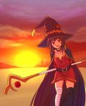  1girl arms_behind_back asymmetrical_legwear bandage black_cape black_hair black_hat black_legwear breasts cape cleavage collar collarbone dress hat highres holding holding_staff kono_subarashii_sekai_ni_shukufuku_wo! leaning_forward long_hair megumin outdoors red_dress sherrywn short_dress small_breasts solo staff standing sun thigh-highs witch_hat 