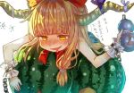  1girl bangs bare_arms blue_ribbon blunt_bangs bow brown_hair chains drooling drunk eyebrows_visible_through_hair food fruit gourd hair_bow holding horn_ribbon horns ibuki_suika long_hair peipei red_bow ribbon sidelocks simple_background solo touhou translation_request watermelon white_background wrist_cuffs yellow_eyes 