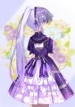  1girl bangs closed_mouth cowboy_shot dress floral_background from_behind gothic_lolita lace lavender_hair lolita_fashion long_hair looking_to_the_side nape nyori original ponytail profile purple_dress purple_hair sidelocks solo very_long_hair violet_eyes 