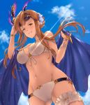  1girl bangs bare_shoulders bikini blue_flower blue_sky blush bracelet breasts brown_eyes brown_hair chokuro clouds commentary_request day feathers flower frills from_below front-tie_bikini front-tie_top gluteal_fold granblue_fantasy hair_feathers hair_flower hair_ornament holding jewelry leg_garter legs_apart light_rays looking_at_viewer looking_down medium_breasts navel outdoors parted_lips shawl short_hair_with_long_locks sidelocks sky smile solo song_(granblue_fantasy) stomach sunbeam sunglasses sunglasses_on_head sunlight swimsuit white_bikini white_choker wristband 