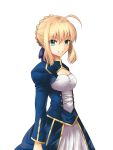  1girl absurdres ahoge artoria_pendragon_(all) blonde_hair blue_background blue_dress blue_ribbon breasts cleavage dress eyebrows_visible_through_hair fate/stay_night fate_(series) green_eyes hair_between_eyes hair_ribbon highres looking_at_viewer medium_breasts ribbon saber short_hair_with_long_locks sidelocks simple_background smile solo standing white_background 