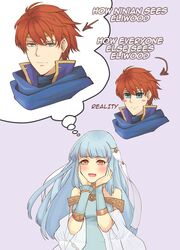  1boy 1girl bare_shoulders blue_eyes blue_hair dress eliwood_(fire_emblem) english fire_emblem fire_emblem:_rekka_no_ken hair_ornament highres long_hair looking_at_viewer ninian open_mouth red_eyes redhead short_hair silver_hair smile 