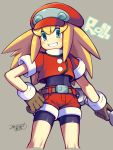  1girl blonde_hair blush bodystocking brown_gloves character_name cowboy_shot eyebrows_visible_through_hair gloves green_eyes iroyopon long_hair looking_at_viewer open_mouth rockman rockman_dash roll_caskett smile solo tools wrench 