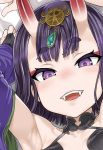  1girl asanagi blush bridal_gauntlets choker close-up detached_sleeves diadem eyeshadow face fang fate/grand_order fate_(series) gem looking_at_viewer makeup oni oni_horns open_mouth purple_hair short_hair shuten_douji_(fate/grand_order) smile solo violet_eyes 