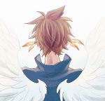 1boy blue_shirt brown_hair earrings feather_earrings feathered_wings from_behind jewelry male_focus messy_hair shirt solo sorey_(tales) tales_of_(series) tales_of_zestiria white_background white_wings wings yurichi_(artist) 