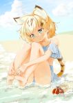  1girl animal_ears bare_legs bare_shoulders barefoot beach blonde_hair blush cat_ears cat_tail clouds collarbone day extra_ears feet full_body green_eyes hands_on_feet hermit_crab highres kemono_friends leg_hug ocean outdoors sand_cat_(kemono_friends) shore sky soles solo swimsuit tail toes yuyaiyaui 