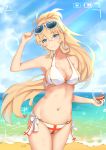 1girl alcohol beach bikini blonde_hair blue_eyes blue_sky breasts cleavage closed_mouth clouds collarbone cowboy_shot cup day drinking_glass duke_of_york_(zhan_jian_shao_nyu) flipped_hair goblet hair_between_eyes halter_top halterneck hand_to_head head_tilt highres holding_glass horizon index_finger_raised large_breasts looking_at_viewer navel o-ring_bikini o-ring_bottom o-ring_top outdoors ponytail print_bikini recording shiny side-tie_bikini side-tie_bottom sky smile solo standing sunglasses sunglasses_on_head sunlight swimsuit viewfinder water wine wine_glass zhan_jian_shao_nyu zhudacaimiao 
