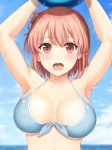  1girl bare_shoulders blue_sky blush breasts day eyebrows_visible_through_hair highres inanaki_shiki large_breasts looking_at_viewer open_mouth orange_eyes orange_hair shiny short_hair sky solo swimsuit wet yahari_ore_no_seishun_lovecome_wa_machigatteiru. yuigahama_yui 