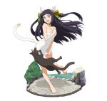  1girl \o/ animal_ears arms_up barefoot bell black_hair bow breasts cat cat_ears cat_tail character_request cleavage collarbone feet floating_hair full_body green_bow hair_bell hair_bow hair_ornament large_breasts long_hair naked_towel official_art outstretched_arms simple_background slit_pupils solo standing sword_art_online tail toes towel towel_tug transparent_background very_long_hair white_towel yellow_eyes 