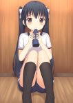 1girl bangs black_hair black_legwear blue_shorts blush bottle bow closed_mouth commentary_request eyebrows_visible_through_hair gym_shirt gym_shorts gym_uniform hair_bow highres holding holding_bottle indoors kneehighs knees_together_feet_apart long_hair looking_at_viewer no_shoes on_floor original red_eyes shirt short_sleeves shorts sidelocks sitting solo tareme twintails usagino_suzu water_bottle white_bow white_shirt wooden_floor wooden_wall 