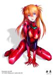  1girl arm_support artist_name bai_wang bangs blue_eyes bodysuit breasts dated eyebrows_visible_through_hair full_body hair_between_eyes headgear highres long_hair looking_away medium_breasts neon_genesis_evangelion orange_hair parted_lips pilot_suit plugsuit red_bodysuit red_lips shadow signature simple_background smile solo souryuu_asuka_langley turtleneck white_background 