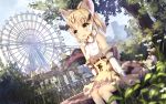  1girl amusement_park animal_ears bare_shoulders black_hair blonde_hair blush bow bowtie building cat_ears cat_tail elbow_gloves eyebrows_visible_through_hair ferris_wheel frilled_skirt frills gloves high-waist_skirt highres kemono_friends missile228 multicolored_hair open_mouth ruins sand_cat_(kemono_friends) shirt short_hair skirt skyscraper sleeveless sleeveless_shirt solo striped_tail tail yellow_eyes 