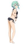  1girl aqua_eyes aqua_hair barefoot bikini black_bikini feet full_body hair_flaps hair_ornament hairclip halter_top halterneck looking_at_viewer official_art scrunchie seashell_hair_ornament shinon_(sao) short_hair side-tie_bikini smile solo swimsuit sword_art_online wrist_scrunchie 