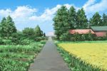  blue_sky building clouds cloudy_sky commentary_request day field grass highres hirota_(masasiv3) no_humans outdoors scenery sky tree 