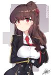  1girl absurdres bil-ajeossi black_gloves braid breast_hold breasts brown_hair character_name closed_mouth collar collared_shirt crown_braid dated eyebrows_visible_through_hair girls_frontline gloves hair_ribbon highres large_breasts long_hair necktie ponytail red_eyes red_necktie red_ribbon ribbon shirt signature simple_background solo standing upper_body wa2000_(girls_frontline) white_shirt 
