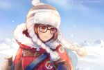  1girl atobesakunolove beanie black-framed_eyewear blue_sky brown_eyes brown_hair canister coat emblem fur-trimmed_boots fur-trimmed_jacket fur_trim glasses hat holding jacket light_smile looking_to_the_side mei_(overwatch) outdoors overwatch robot signature sky snow snowball_(overwatch) solo upper_body watermark web_address winter_clothes winter_coat 