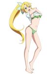  1girl barefoot bikini blonde_hair feet full_body green_bikini green_eyes leafa long_hair looking_at_viewer navel official_art open_mouth pointy_ears ponytail shirt_lift short_sleeves simple_background solo star star_print striped striped_bikini swimsuit sword_art_online toes white_background 