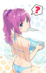  1girl ? ass bangs bikini blue_bikini blue_eyes blush box dimples_of_venus food from_behind hair_ornament hair_scrunchie halter_top halterneck highres holding holding_box long_hair looking_at_viewer looking_back mouth_hold ocean original ponytail popsicle purple_hair scrunchie shoulder_blades sidelocks solo spoken_question_mark swimsuit upper_body wavy_hair wet.elephant 