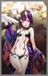  1girl absurdres alcohol bob_cut breasts chushengdao cup fangs fate/grand_order fate_(series) highres horns japanese_clothes jewelry kimono lips looking_at_viewer navel oni oni_horns open_mouth pale_skin purple_hair sakazuki sake short_hair shuten_douji_(fate/grand_order) small_breasts smile solo standing 