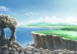 absurdres blue_sky cliff clouds commentary_request day highres hirota_(masasiv3) mountain no_humans ocean outdoors rock scenery shore sky 