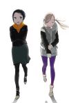  (stag) 2girls :d after_hours black_hair blonde_hair closed_eyes cold crossed_arms earrings fur_trim highres hoodie_dress jacket jewelry leather leather_jacket long_hair long_sleeves looking_at_another millipen_(medium) multiple_girls open_mouth original pants purple_legwear scarf short_hair skirt sleeves_past_wrists smile traditional_media twintails walking white_background wind 