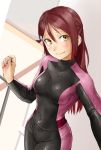  1girl blush bodysuit breasts covered_navel dutch_angle hair_ornament hairclip highres long_hair looking_at_viewer love_live! love_live!_sunshine!! medium_breasts redhead sakurauchi_riko sketch skin_tight skindentation smile solo wetsuit yellow_eyes 