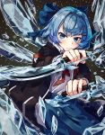  1girl alternate_costume blue_bow blue_eyes blue_hair blue_skirt bow cirno commentary_request dagger dual_wielding hair_bow hair_ornament hairclip holding holding_weapon ice ice_wings jacket long_sleeves looking_at_viewer natori_youkai revision ringed_eyes serious short_hair skirt solo touhou weapon wings 