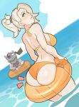  1boy 1girl ass bare_back bare_shoulders bikini blonde_hair blue_eyes blush breasts dutch_angle genji_(overwatch) glint high_ponytail highres innertube lips looking_at_viewer looking_back medium_breasts mercy_(overwatch) ocean orange_bikini overwatch ponytail splashbrush sunglasses sunglasses_on_head swimsuit thighs yellow_bikini 