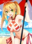  1girl ahoge armpits bangs beach beach_umbrella bikini blonde_hair blue_sky breasts cleavage clouds cloudy_sky collarbone criss-cross_halter day earrings eyebrows_visible_through_hair fate/grand_order fate_(series) green_eyes hair_between_eyes hair_intakes halterneck holding holding_umbrella jewelry large_breasts leaning_forward long_hair looking_at_viewer looking_to_the_side luse_maonang navel nero_claudius_(swimsuit_caster)_(fate) ocean open_mouth outdoors red_bikini revision saber_extra shade side-tie_bikini sidelocks sky smile solo striped striped_bikini swimsuit teeth thighs twintails umbrella white_bikini 