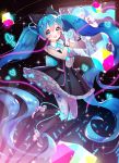  1girl :d absurdly_long_hair absurdres black_boots black_bow blue_eyes blue_hair blue_necktie boots bow dress eyebrows_visible_through_hair floating_hair full_body gloves hair_between_eyes hair_bow hatsune_miku headphones heart heart_hands highres layered_dress long_hair magical_mirai_(vocaloid) necktie open_mouth pantyhose peter_(will100sss) short_dress short_necktie sleeveless sleeveless_dress smile solo twintails very_long_hair white_gloves white_legwear 