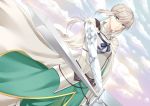  1boy absurdres armor bedivere blonde_hair braid cape clouds dutch_angle fate/grand_order fate_(series) green_eyes hair_tubes highres long_hair looking_at_viewer siika_620 silver_hair sky sword weapon wind 