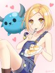  1girl babe_(fate) blonde_hair cake eating fate/grand_order fate_(series) food food_on_face fork looking_at_viewer naked_overalls overalls pancake paul_bunyan_(fate/grand_order) plate short_hair siika_620 smile solo yellow_eyes 