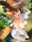  1girl :d animal_ears breasts brown_hair cleavage collarbone dress dutch_angle eyebrows_visible_through_hair fox_ears fox_tail hanging_breasts hat highres large_breasts medium_hair no_bra off_shoulder open_mouth original outdoors red_eyes smile solo straw_hat sun_hat sunlight sweat tail wading water white_dress yuuji_(yukimimi) 