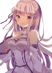  1girl :d absurdres bangs blush braid breasts crown_braid detached_sleeves dress emilia_(re:zero) eyebrows_visible_through_hair flower hair_flower hair_ornament hair_ribbon hand_on_own_chest highres long_hair looking_at_viewer medium_breasts open_mouth pointy_ears purple_hair purple_ribbon re:zero_kara_hajimeru_isekai_seikatsu ribbon shiino_sera shiny shiny_hair sidelocks simple_background smile solo straight_hair upper_body very_long_hair white_background white_dress white_flower 