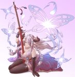  1girl arm_support arm_up between_breasts black_gloves blue_eyes braid breasts butterfly collarbone doraf elbow_gloves eyebrows_visible_through_hair floating_hair gloves gradient gradient_background granblue_fantasy haido_(ryuuno_kanzume) hair_ornament hair_over_one_eye highres horns katana large_breasts lavender_hair long_hair long_sword looking_at_viewer narumeia_(granblue_fantasy) parted_lips pink_background pointy_ears sarashi single_braid sitting smile solo sword very_long_hair w weapon 