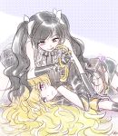  2girls alternate_costume alternate_hairstyle black_hair blonde_hair commentary_request holding holding_hair licking_lips multiple_girls neo_(rwby) rwby rwby_fanartnest tongue tongue_out twintails yang_xiao_long yuri 