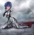  1girl arm_support ayanami_rei bai_wang bangs blue_hair bodysuit breasts closed_mouth clouds cloudy_sky english full_body grey_bodysuit hand_to_head headgear highres kneeling looking_at_viewer medium_breasts neon_genesis_evangelion nerv pilot_suit plugsuit red_eyes short_hair sky solo turtleneck 