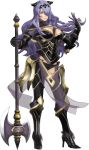  1girl armor axe black_armor black_panties boots breasts bustier camilla_(fire_emblem_if) capelet cleavage fire_emblem fire_emblem_if fire_emblem_musou full_body gloves hair_over_one_eye high_heel_boots high_heels highres large_breasts lips long_hair official_art panties purple_gloves purple_hair solo thigh-highs thigh_boots tiara transparent_background underwear vambraces wavy_hair weapon 