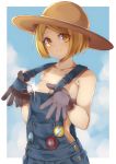  1girl absurdres black_gloves blonde_hair e_draw_paint fate/grand_order fate_(series) gloves hat highres light_censor looking_at_viewer naked_overalls overalls overalls_pull paul_bunyan_(fate/grand_order) short_hair solo yellow_eyes 