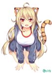  1girl :d ahoge akabane all_fours animal_ears barefoot bike_shorts blonde_hair breasts character_request copyright_request fang full_body gluteal_fold gym_uniform jacket kneeling large_breasts long_hair looking_at_viewer open_clothes open_jacket open_mouth original red_eyes smile solo tail tiger_ears tiger_tail track_jacket tsurime very_long_hair white_background 